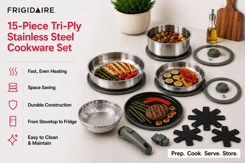 Frigidaire 15-Piece Tri-Ply Stainless Steel Cookware Set