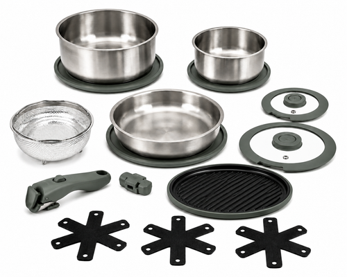 Frigidaire stainless steel space-saving cookware set in sage green accents, including two stockpots, a fry pan, a grill pan, a colander basket, two glass lids with silicone rims, detachable handles, and stackable felt protectors on a white background.