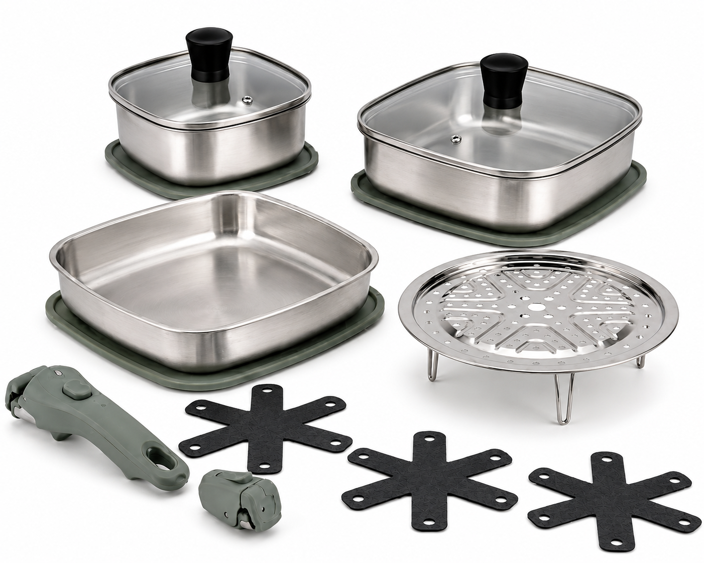 Frigidaire square stainless steel space-saving cookware set including two lidded pots, an open square pan, a steamer rack, detachable handles, and stackable felt protectors on a white background