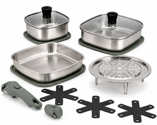 Frigidaire square stainless steel space-saving cookware set including two lidded pots, an open square pan, a steamer rack, detachable handles, and stackable felt protectors on a white background