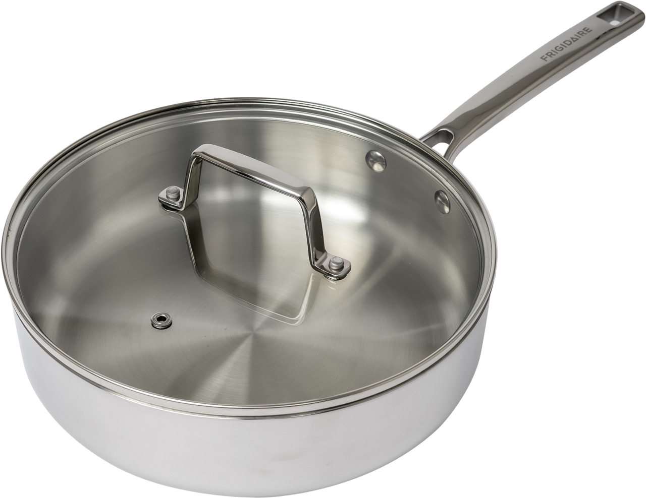 Frigidaire 3 QT tri-ply stainless steel sauté pan with tempered glass lid and stainless steel handle, shown on a transparent background.