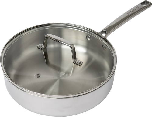 Frigidaire 3 QT tri-ply stainless steel sauté pan with tempered glass lid and stainless steel handle, shown on a transparent background.