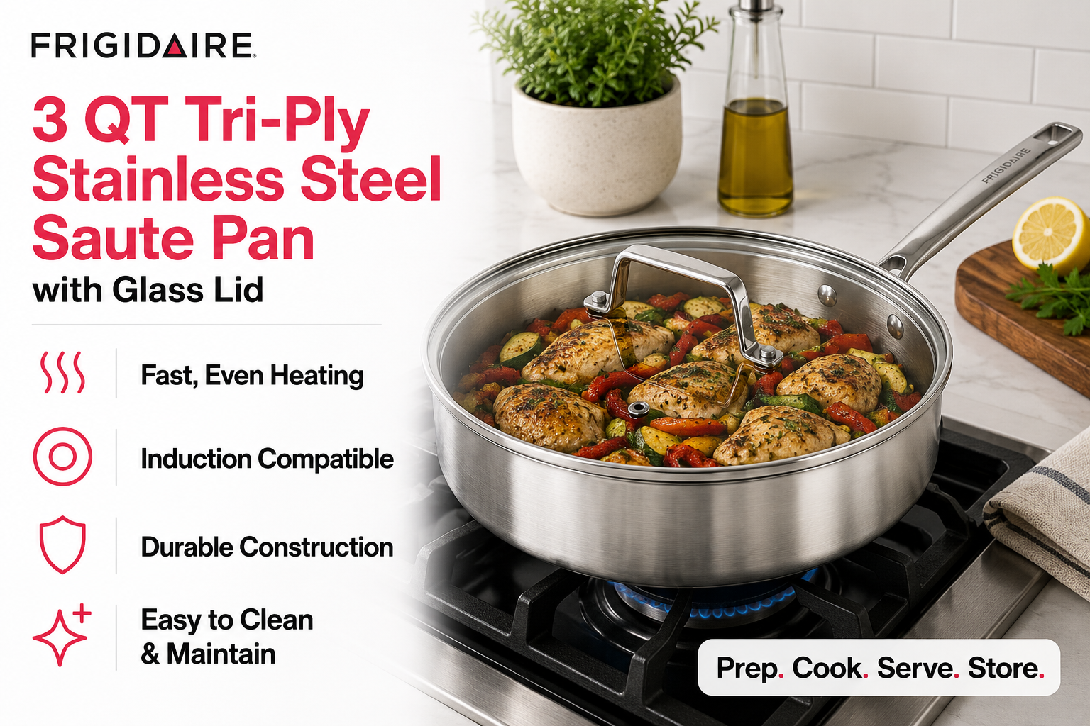 Frigidaire 3 QT Tri-Ply Stainless Steel Saute Pan with Glass Lid